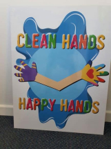 CLEAN HANDS HAPPY HANDS WALL SIGN FOR DISPENSER